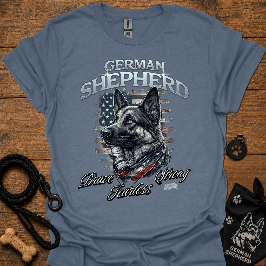 German shepherd graphic T-shirt (heather indigo) with dog portrait and 'Brave Fearless' print