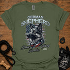 German shepherd graphic T-shirt (military green) with dog portrait and 'Brave Fearless' print