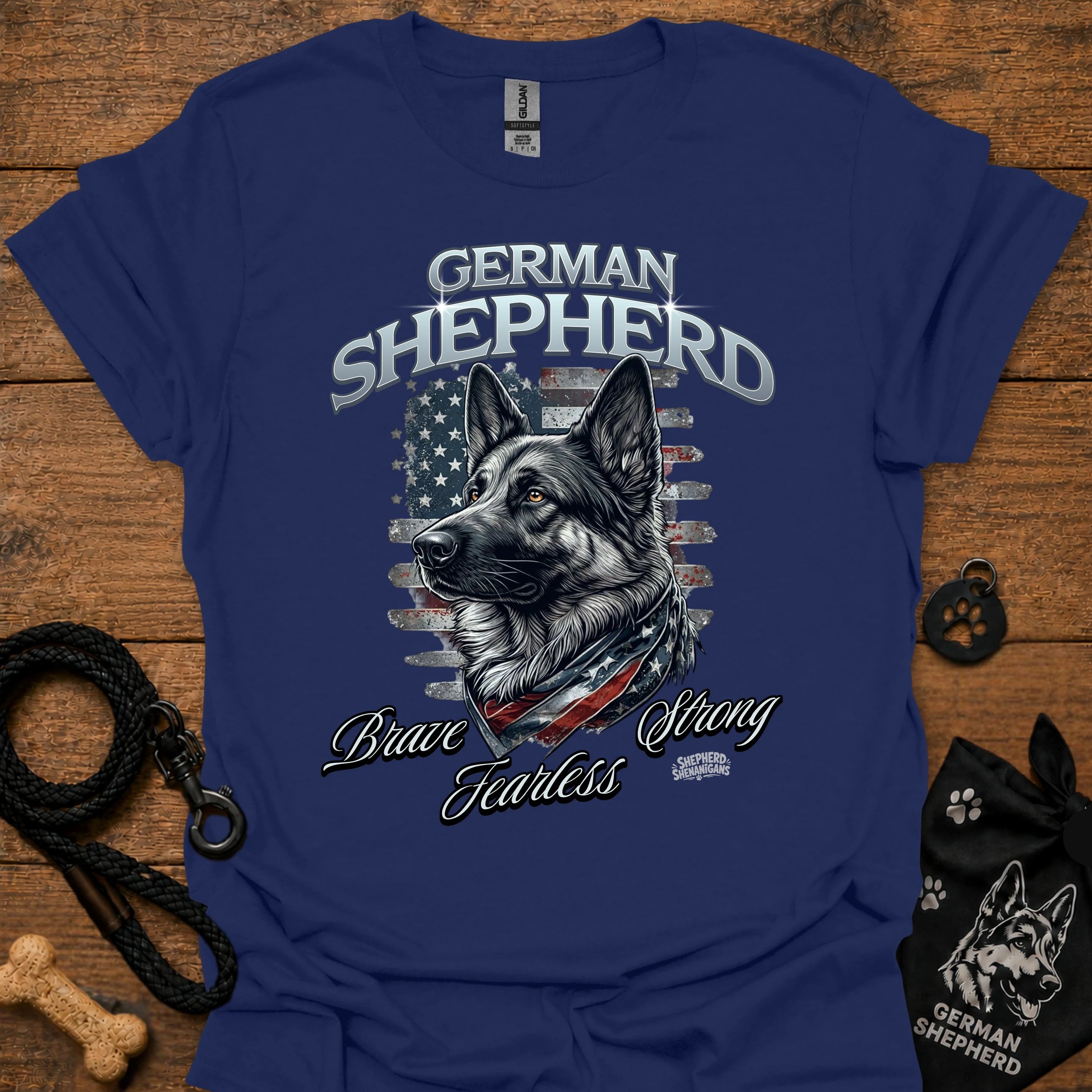 German shepherd graphic T-shirt (navy) with dog portrait and 'Brave Fearless' print