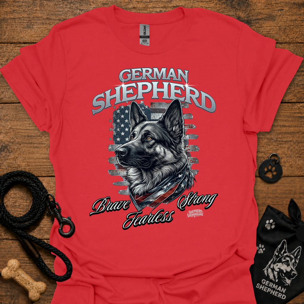 German shepherd graphic T-shirt (red) with dog portrait and 'Brave Fearless' print