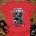German shepherd graphic T-shirt (red) with dog portrait and 'Brave Fearless' print
