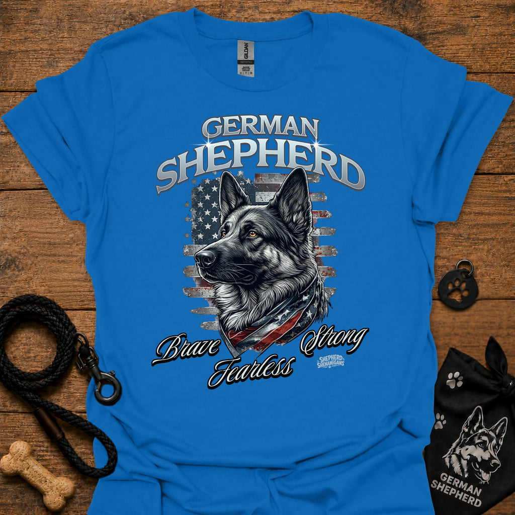 German shepherd graphic T-shirt (royal blue) with dog portrait and 'Brave Fearless' print