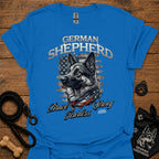 German shepherd graphic T-shirt (royal blue) with dog portrait and 'Brave Fearless' print