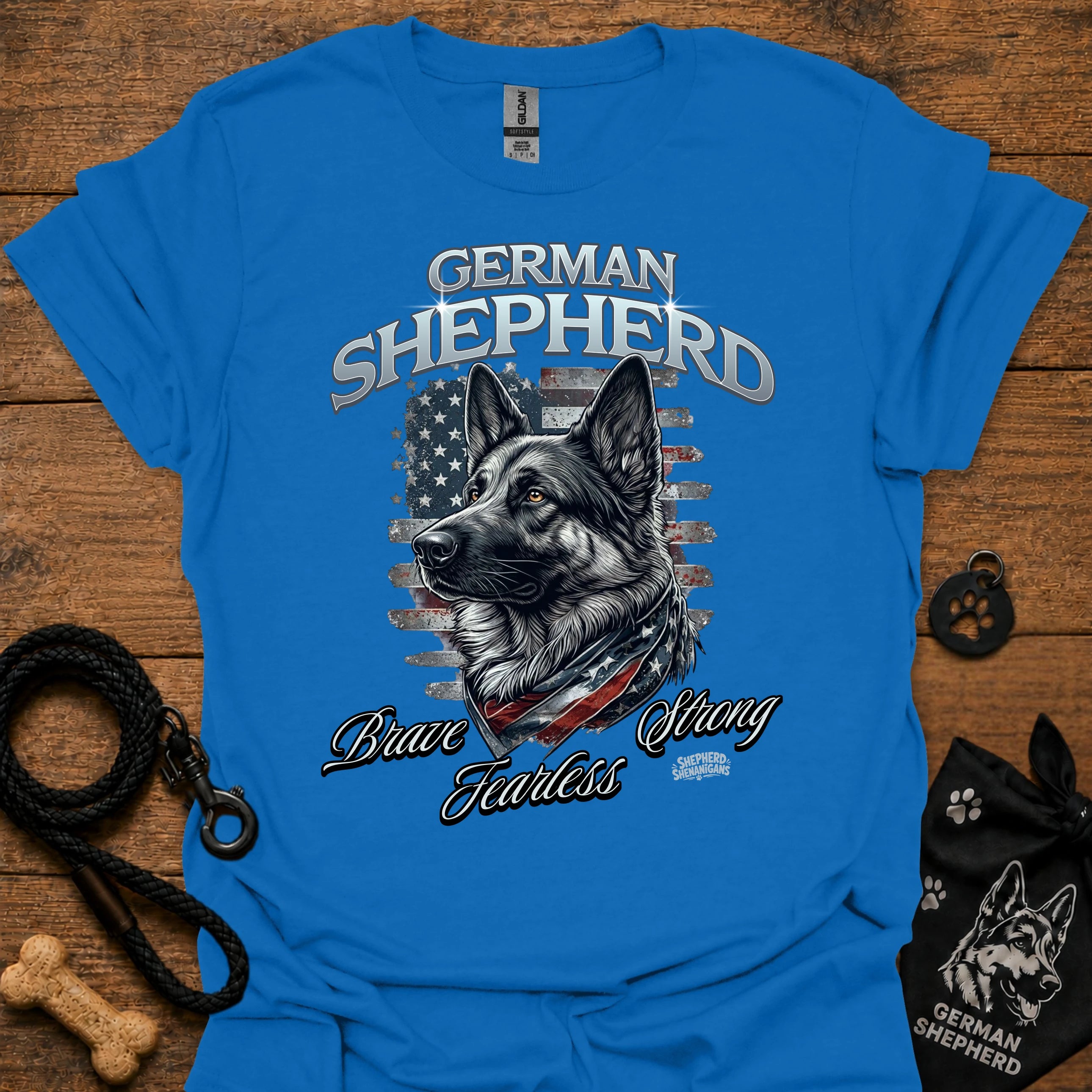 German shepherd graphic T-shirt (royal blue) with dog portrait and 'Brave Fearless' print
