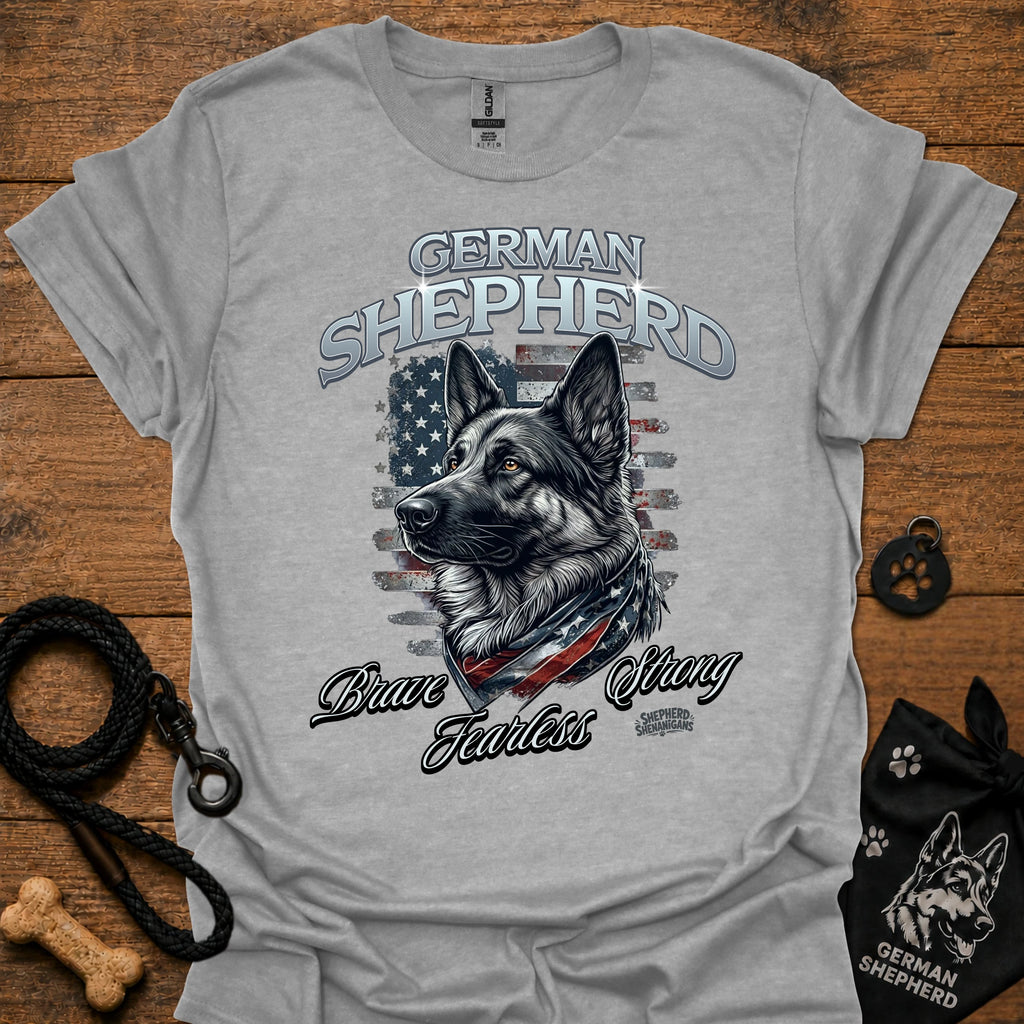 German shepherd graphic T-shirt (sport grey) with dog portrait and 'Brave Fearless' print