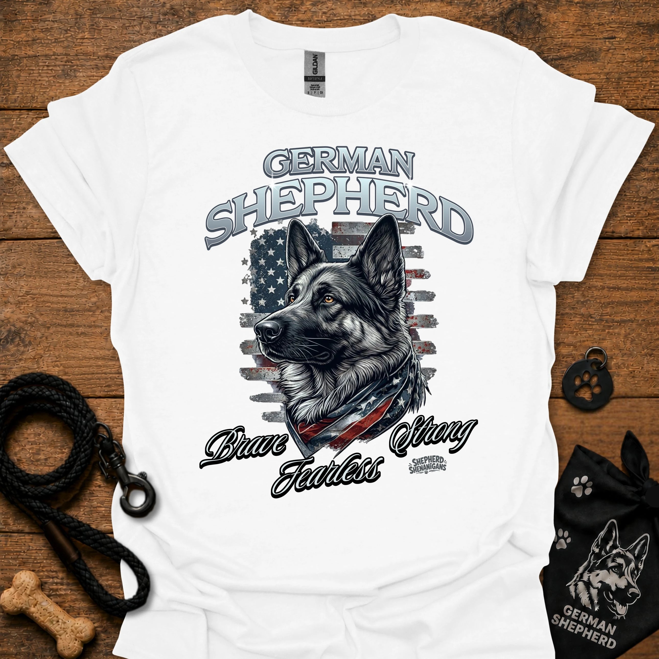 German shepherd graphic T-shirt (white) with dog portrait and 'Brave Fearless' print
