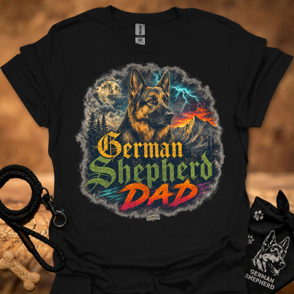 German Shepherd graphic T-shirt in black with colorful dog and “German Shepherd Dad” print