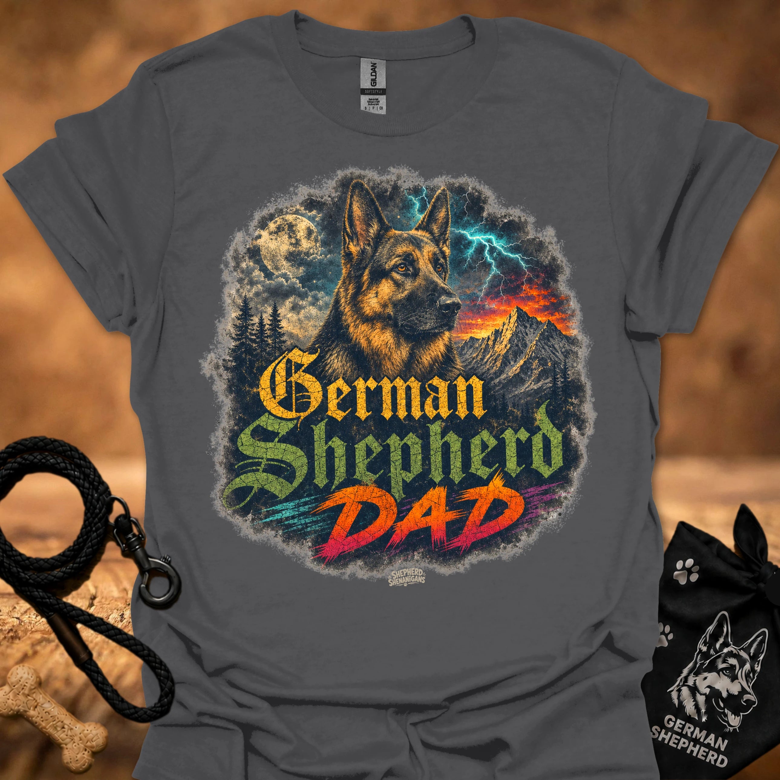 German Shepherd graphic T-shirt in dark gray with colorful dog and “German Shepherd Dad” print
