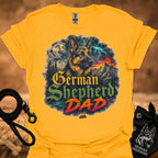 German Shepherd graphic T-shirt in gold with colorful dog and “German Shepherd Dad” print