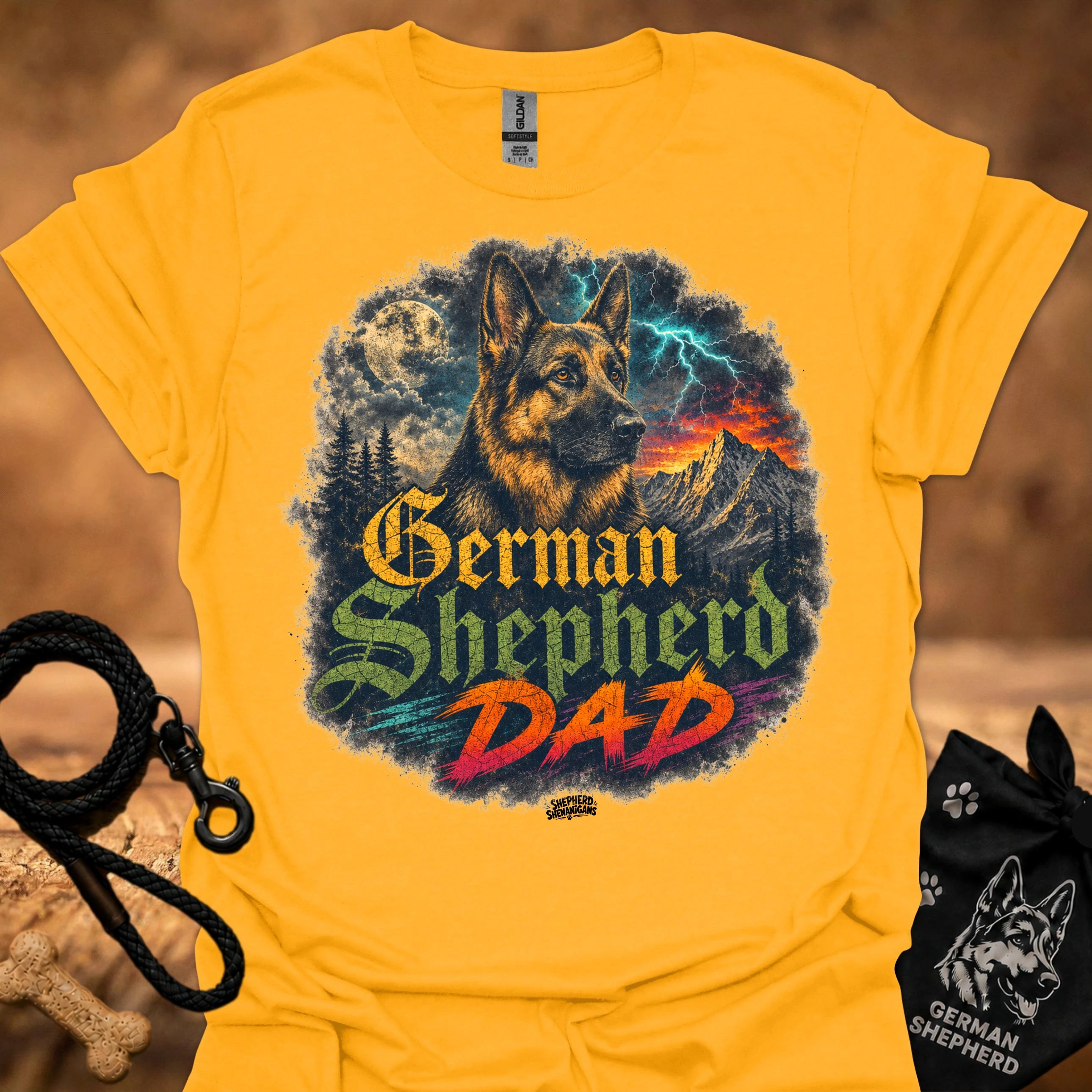 German Shepherd graphic T-shirt in gold with colorful dog and “German Shepherd Dad” print