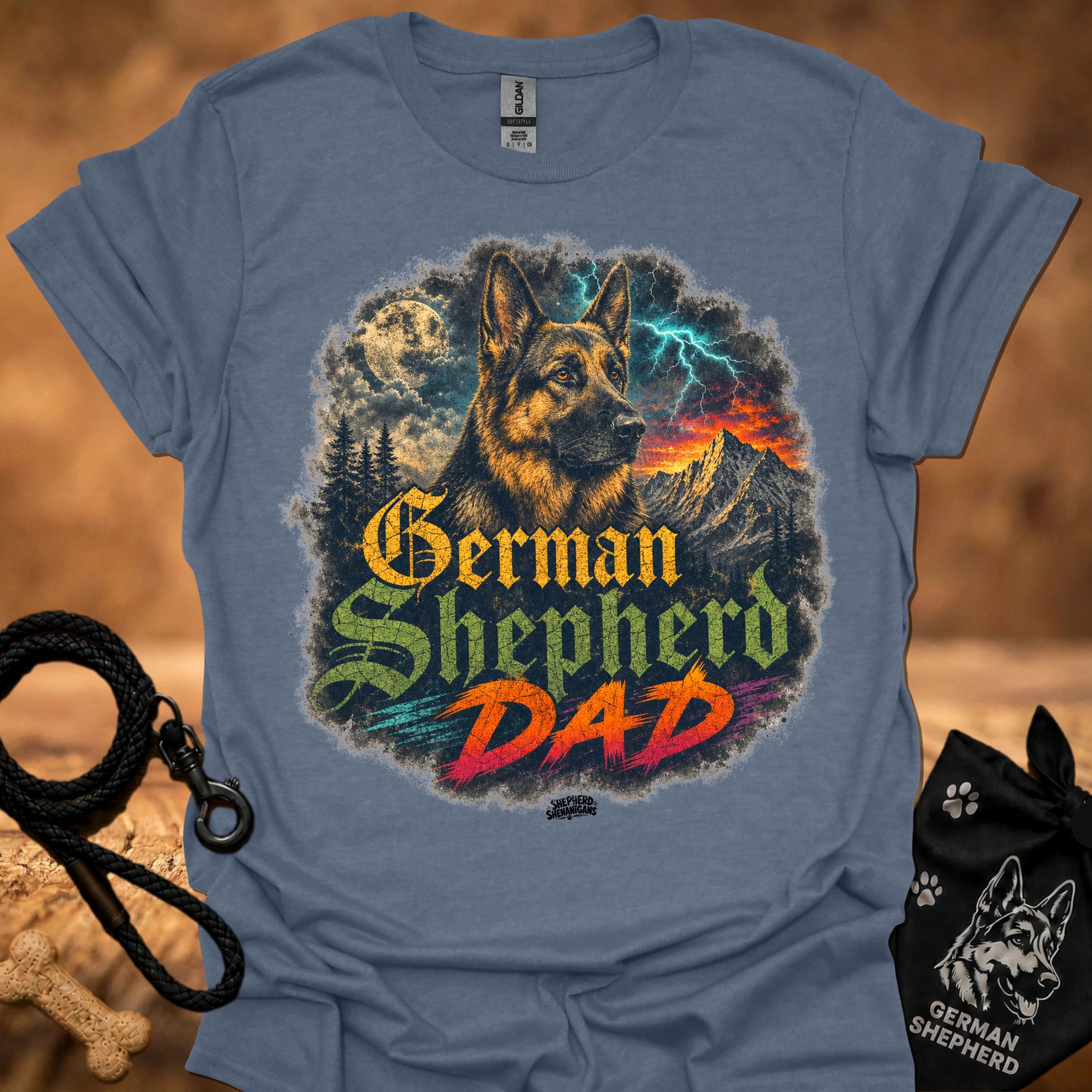 German Shepherd graphic T-shirt in blue with colorful dog and “German Shepherd Dad” print