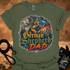 German Shepherd graphic T-shirt in military green with colorful dog and “German Shepherd Dad” print