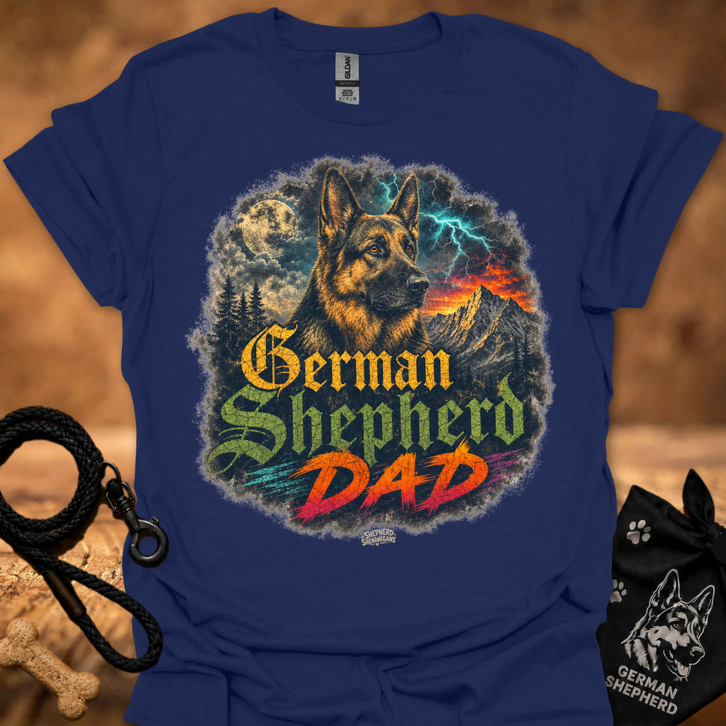 German Shepherd graphic T-shirt in navy blue with colorful dog and “German Shepherd Dad” print