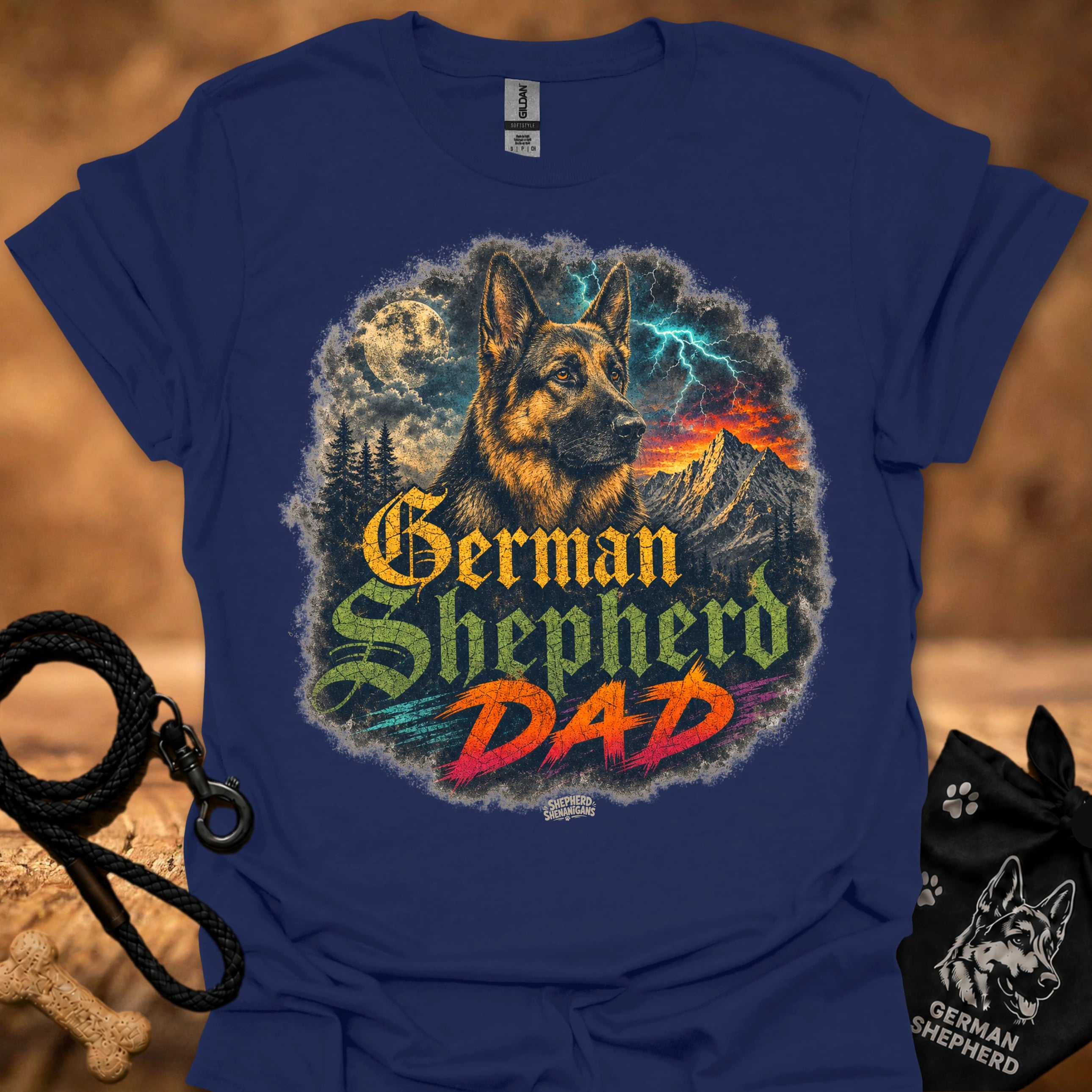 German Shepherd graphic T-shirt in navy blue with colorful dog and “German Shepherd Dad” print