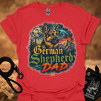 German Shepherd graphic T-shirt in red with colorful dog and “German Shepherd Dad” print