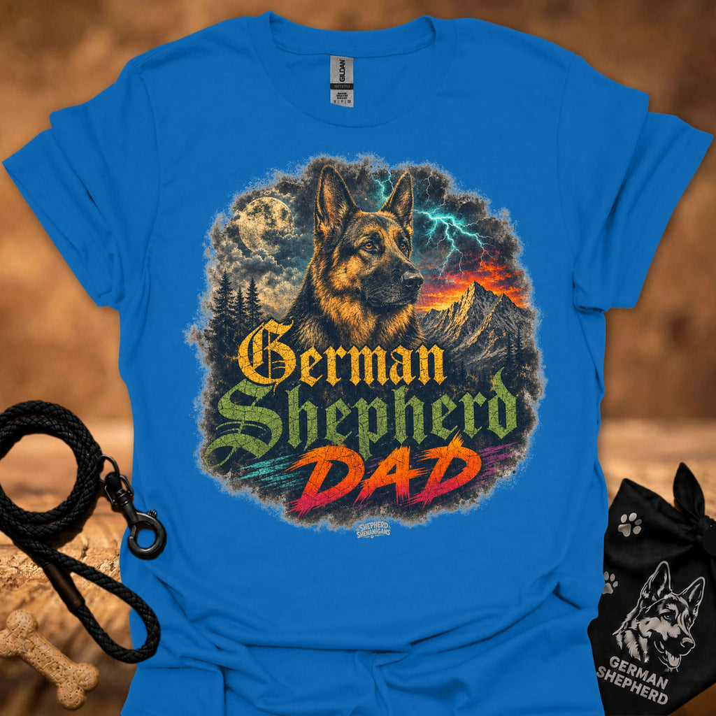German Shepherd graphic T-shirt in bright blue with colorful dog and “German Shepherd Dad” print