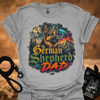 German Shepherd graphic T-shirt in light gray with colorful dog and “German Shepherd Dad” print