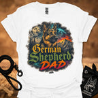 German Shepherd graphic T-shirt in white with colorful dog and “German Shepherd Dad” print