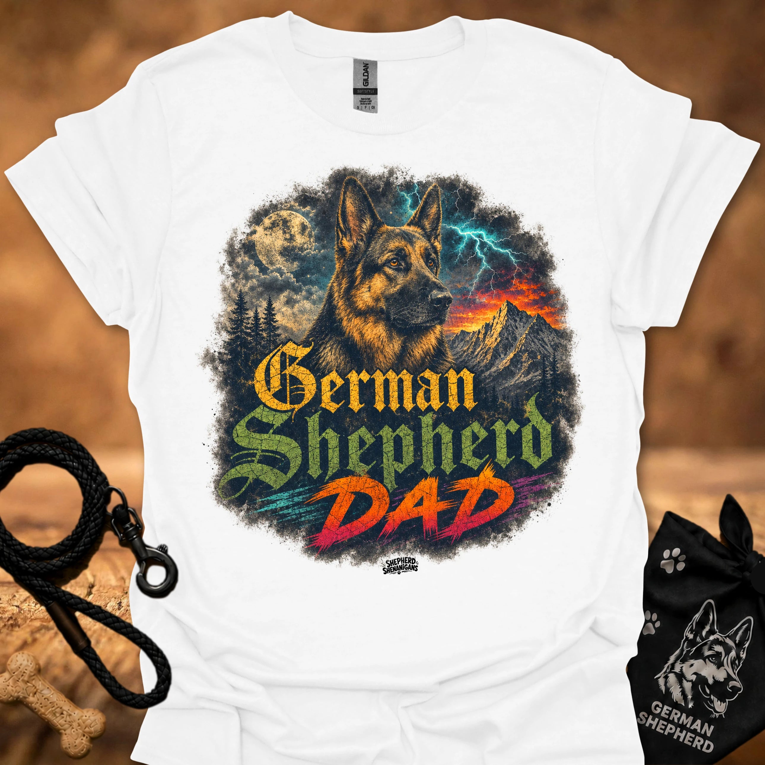 German Shepherd graphic T-shirt in white with colorful dog and “German Shepherd Dad” print