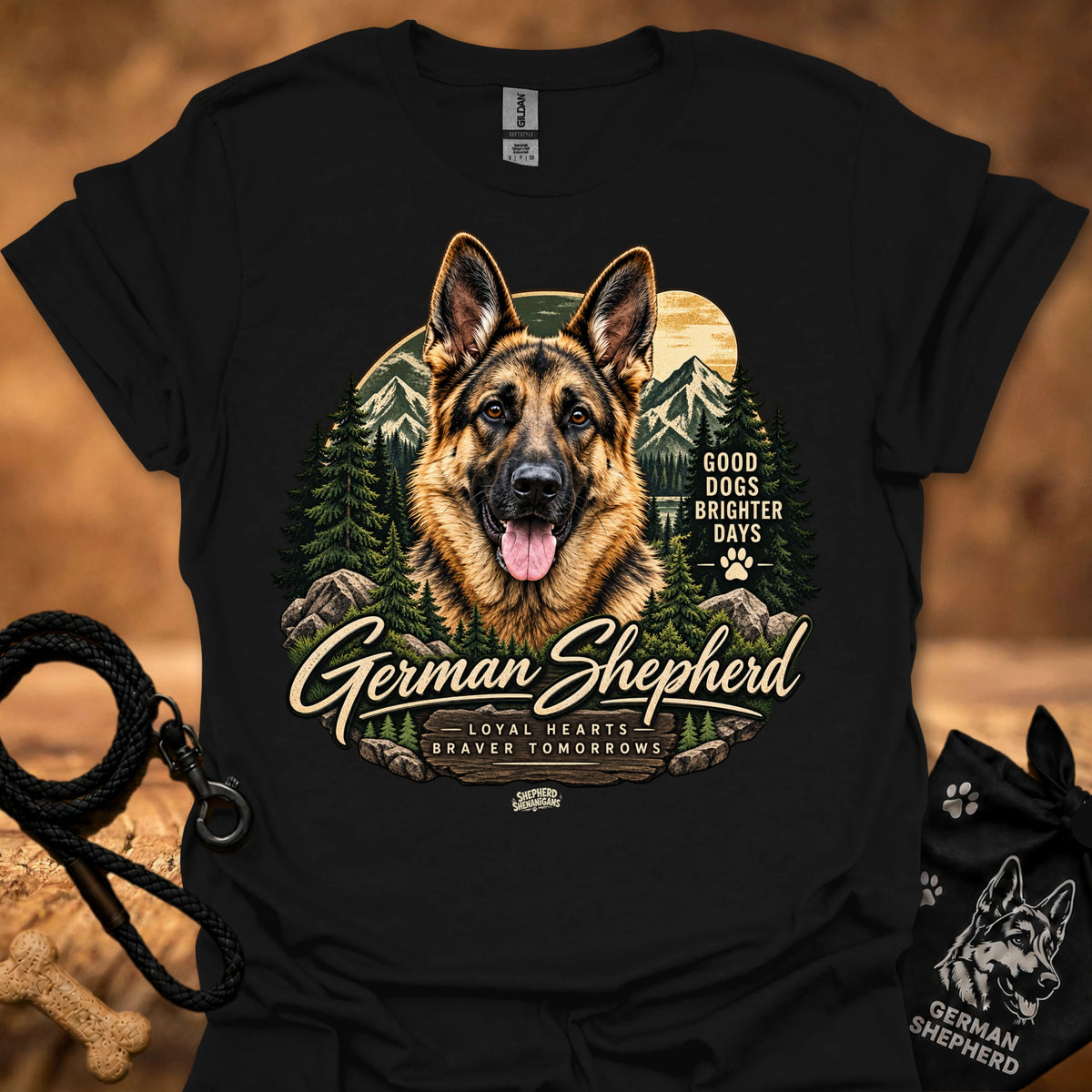 Black T-shirt with German shepherd portrait, forest graphic, and paw