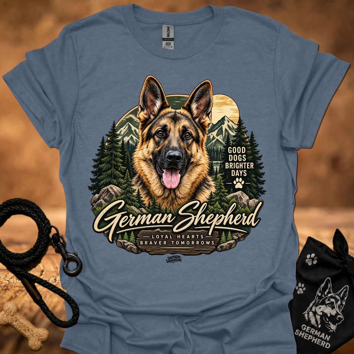 Blue-gray T-shirt with German shepherd portrait, forest graphic, and paw