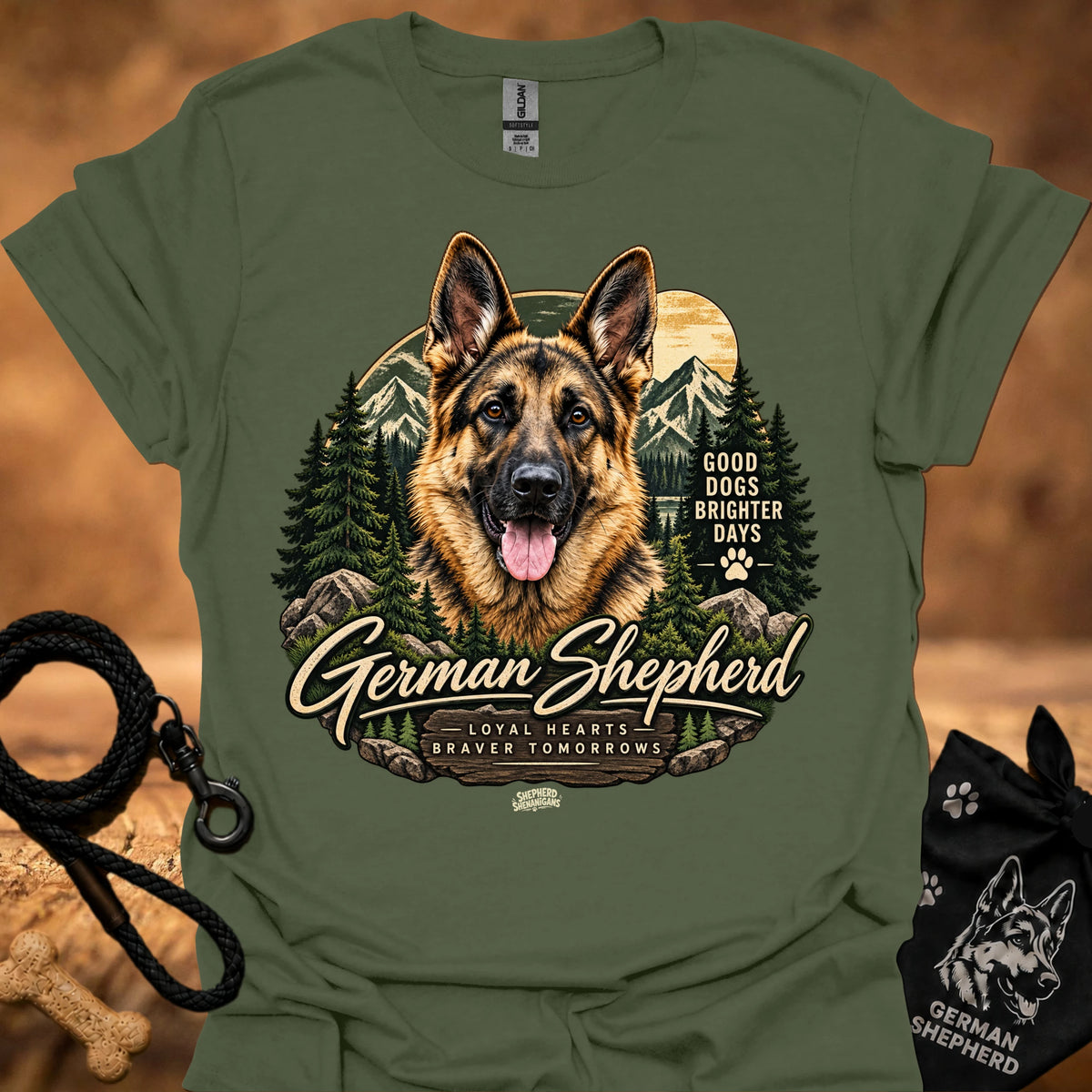 Military green T-shirt with German shepherd portrait, forest graphic, and paw
