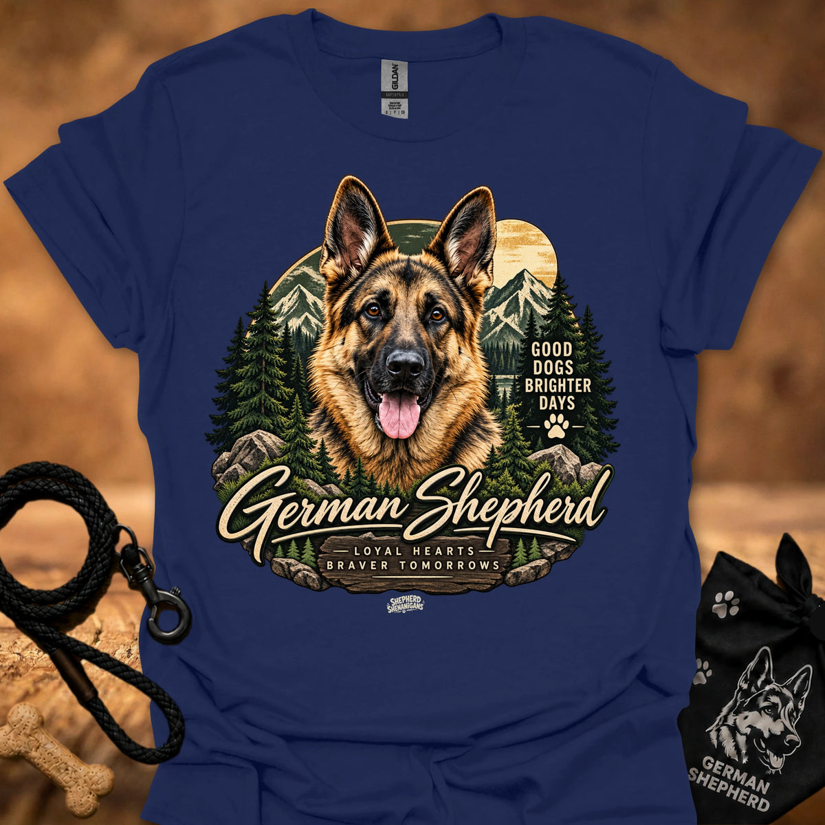 Dark blue T-shirt with German shepherd portrait, text, and paw graphic