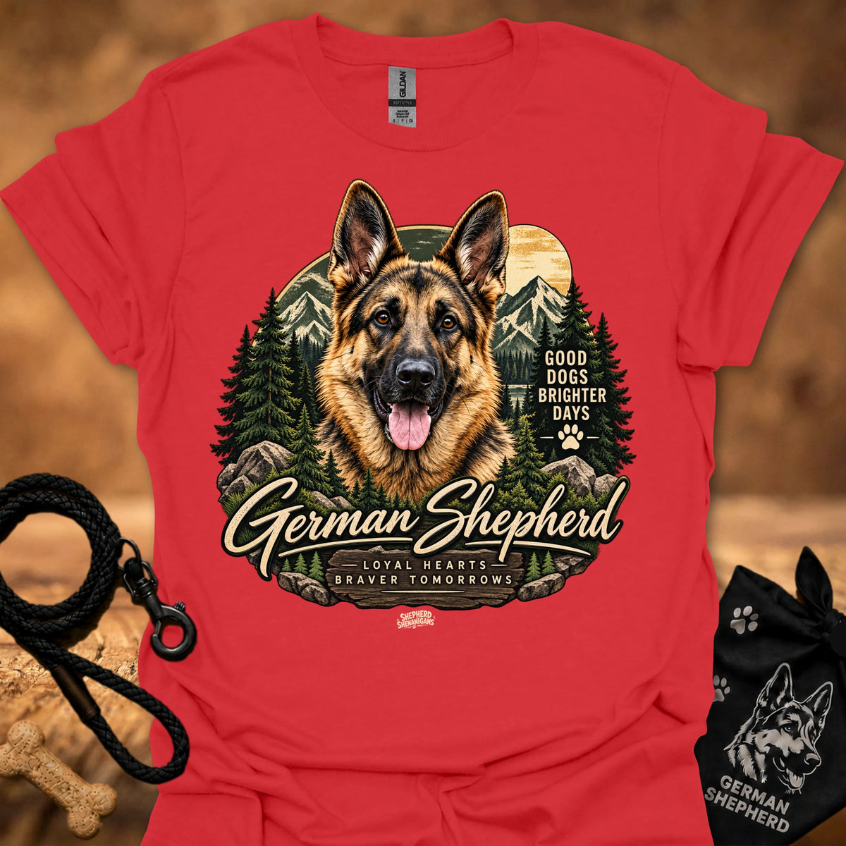 Red T-shirt with German shepherd portrait, text, and paw graphic