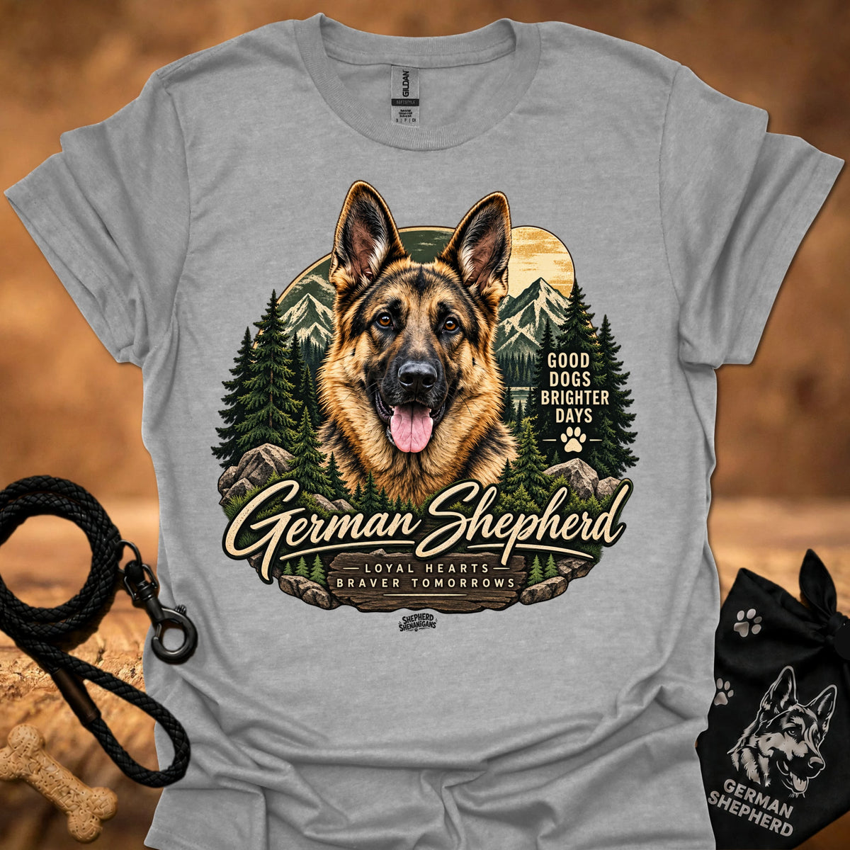 Light gray T-shirt with German shepherd portrait, forest graphic, and paw