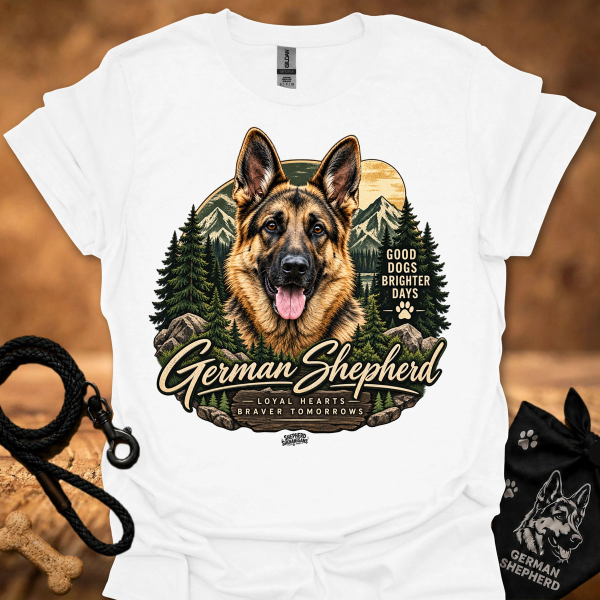 White T-shirt with German shepherd portrait, forest graphic, and paw