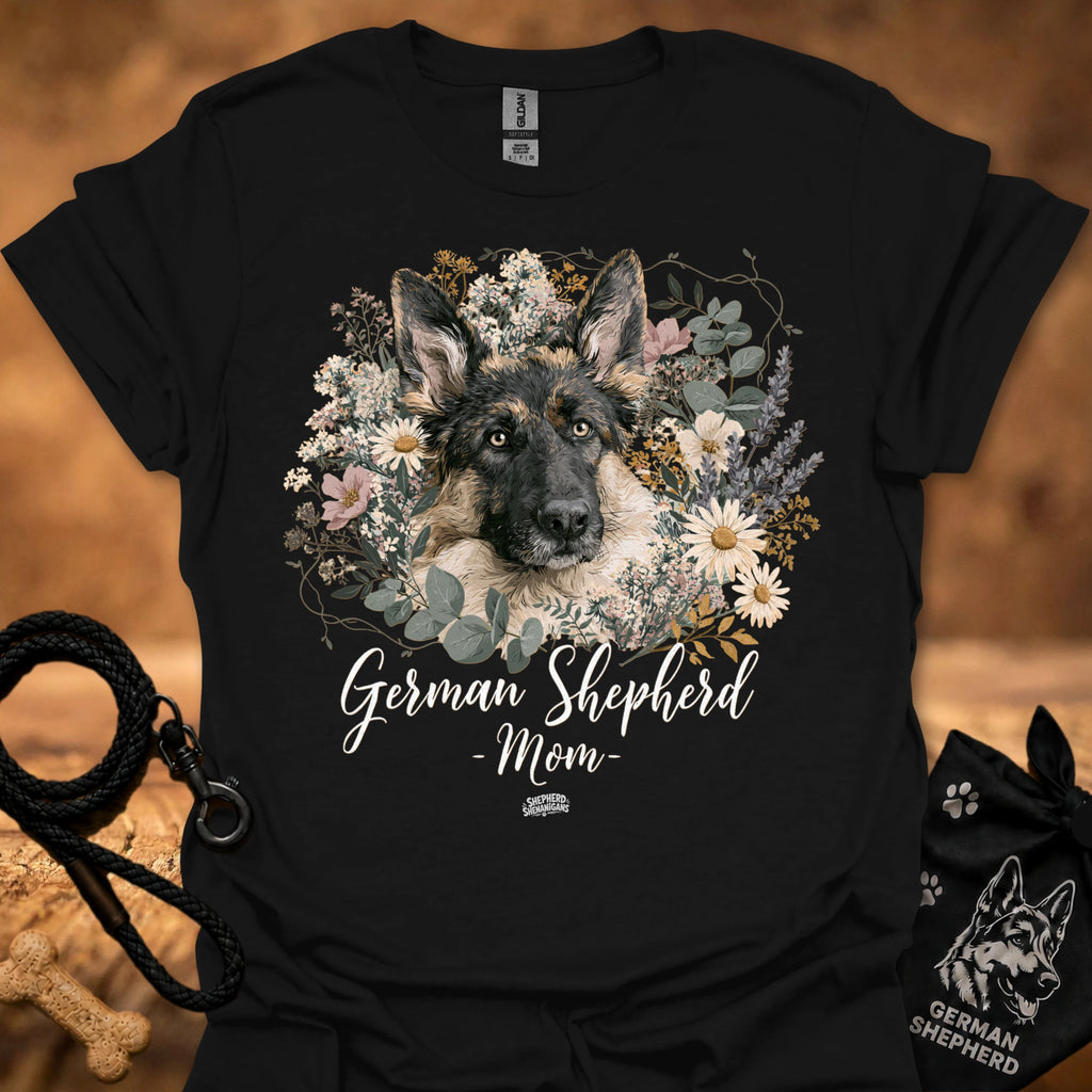 German Shepherd floral graphic T-shirt, black; dog portrait with 'Mom' text