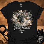 German Shepherd floral graphic T-shirt, black; dog portrait with 'Mom' text