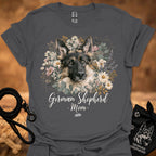 German Shepherd floral graphic T-shirt, gray; dog portrait with 'Mom' text