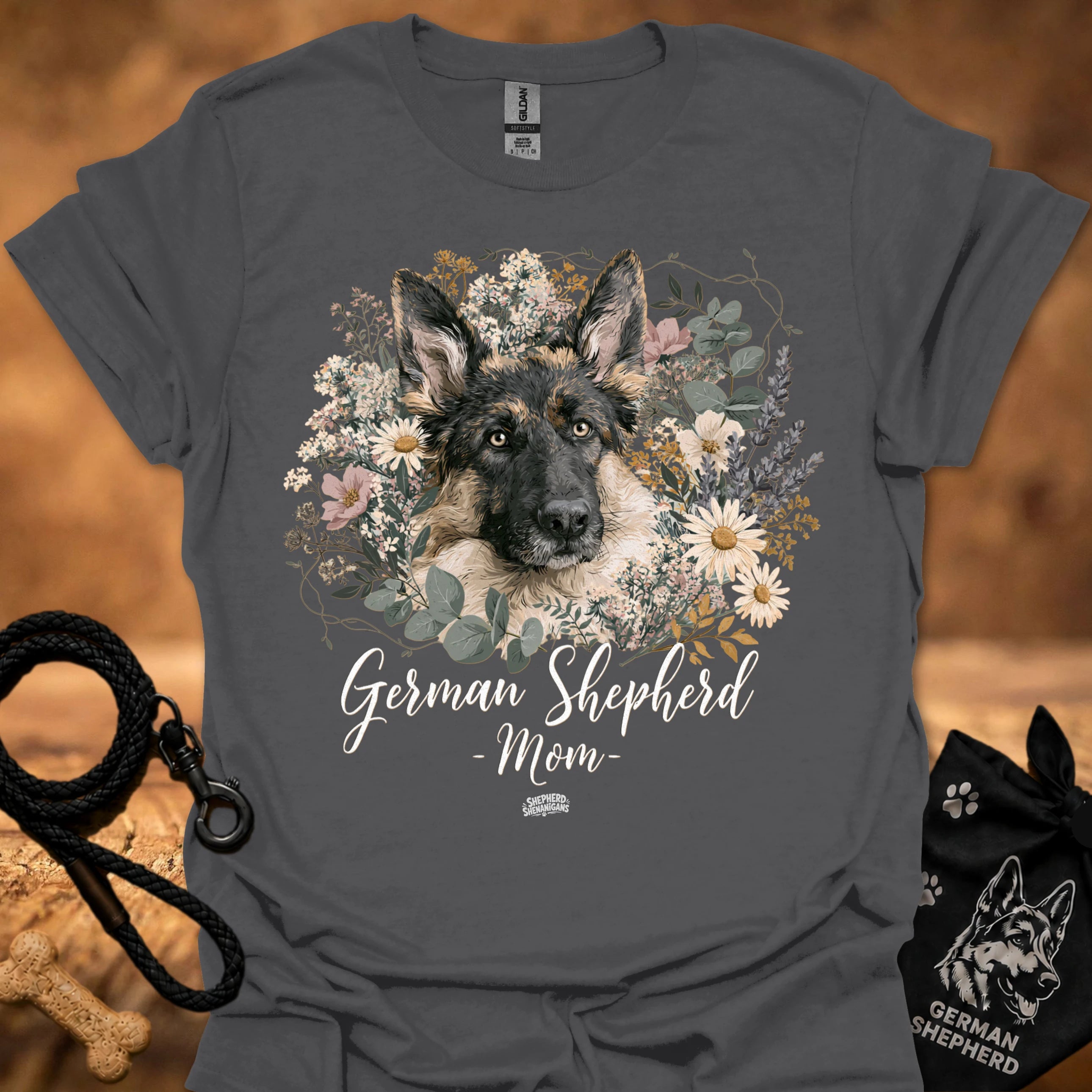 German Shepherd floral graphic T-shirt, gray; dog portrait with 'Mom' text