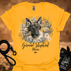 German Shepherd floral graphic T-shirt, gold; dog portrait with 'Mom' text