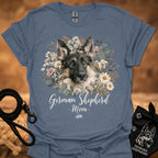 German Shepherd floral graphic T-shirt, periwinkle blue; dog portrait with 'Mom' text