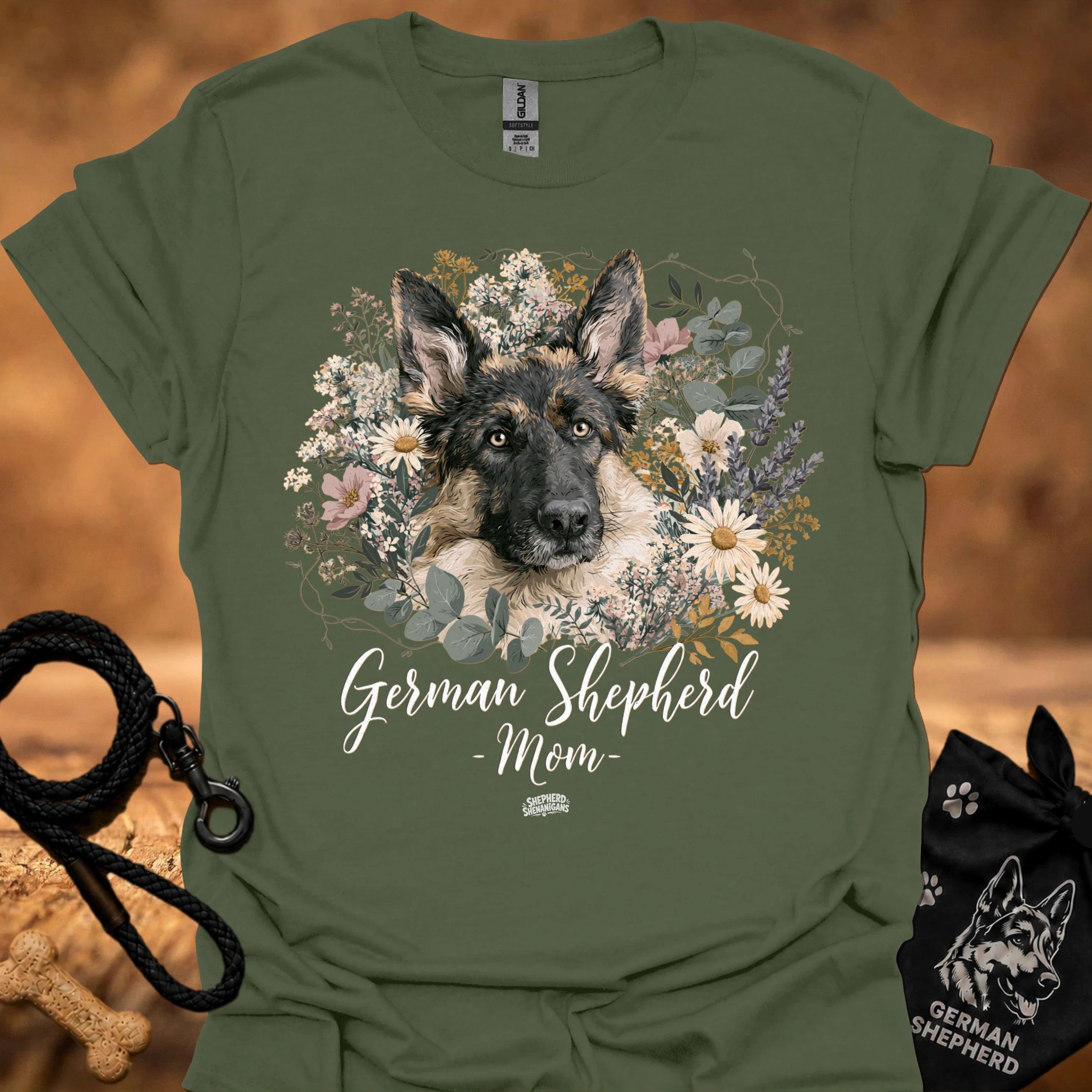 German Shepherd floral graphic T-shirt, olive green; dog portrait with 'Mom' text