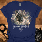 German Shepherd floral graphic T-shirt, blue; dog portrait with 'Mom' text