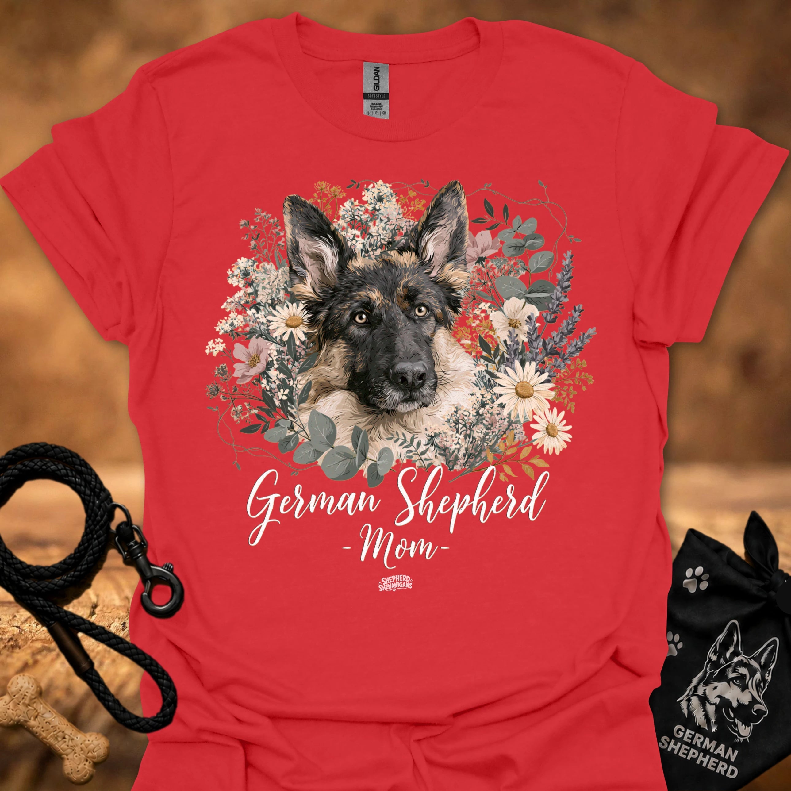 German Shepherd floral graphic T-shirt, red; dog portrait with 'Mom' text