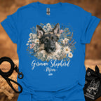 German Shepherd floral graphic T-shirt, blue; framed dog and flower portrait with 'Mom' text