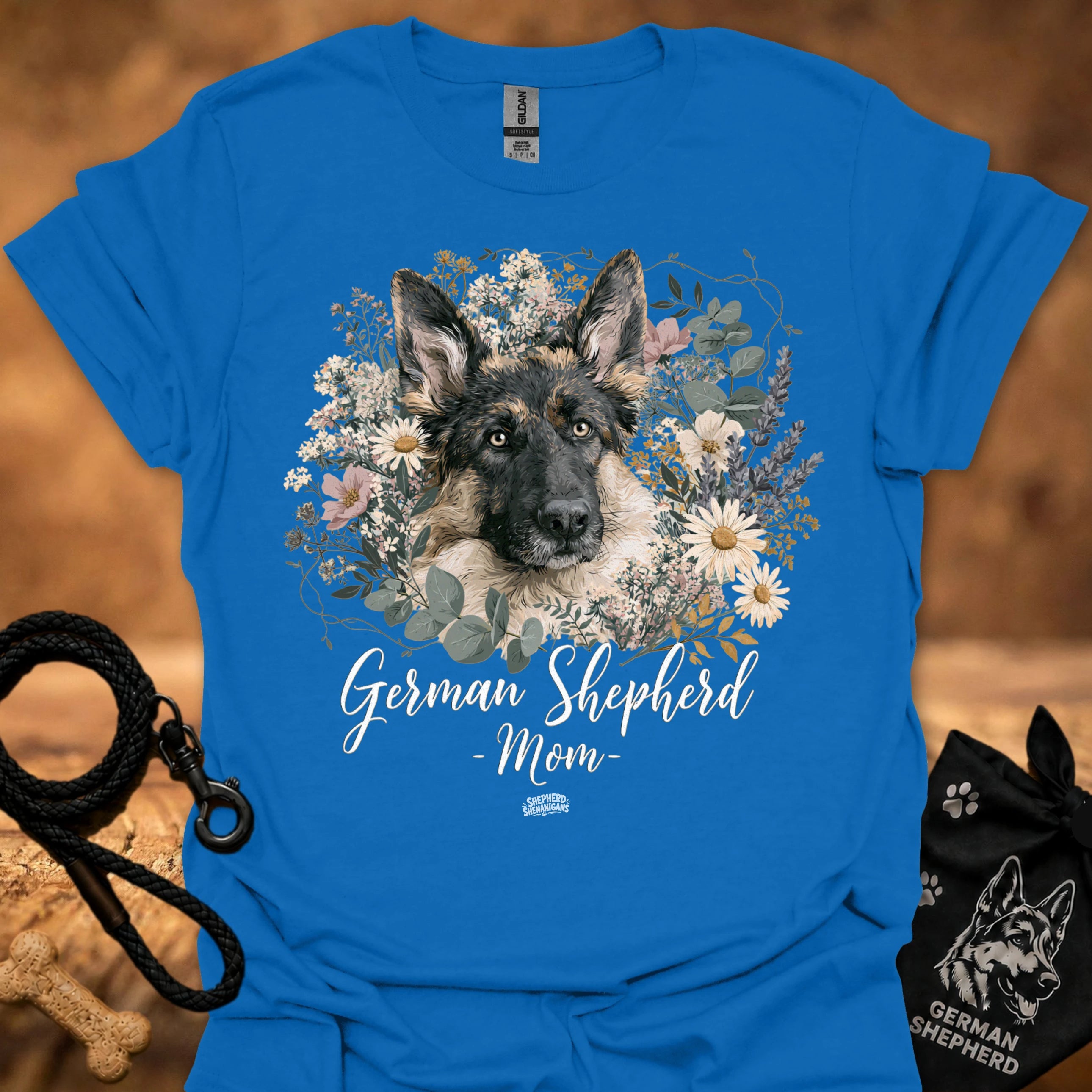 German Shepherd floral graphic T-shirt, blue; framed dog and flower portrait with 'Mom' text