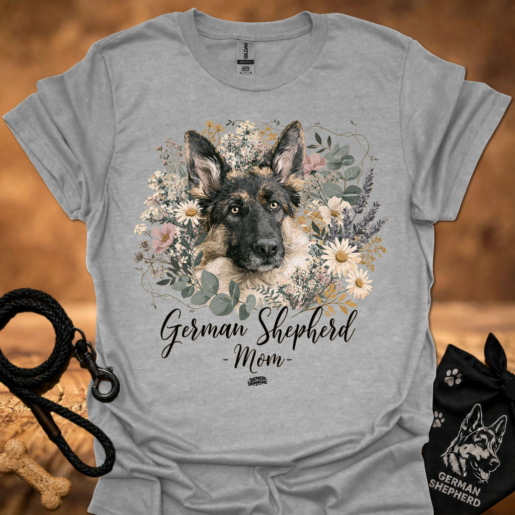 German Shepherd floral graphic T-shirt, heather gray; dog portrait with 'Mom' text
