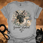 German Shepherd floral graphic T-shirt, heather gray; dog portrait with 'Mom' text