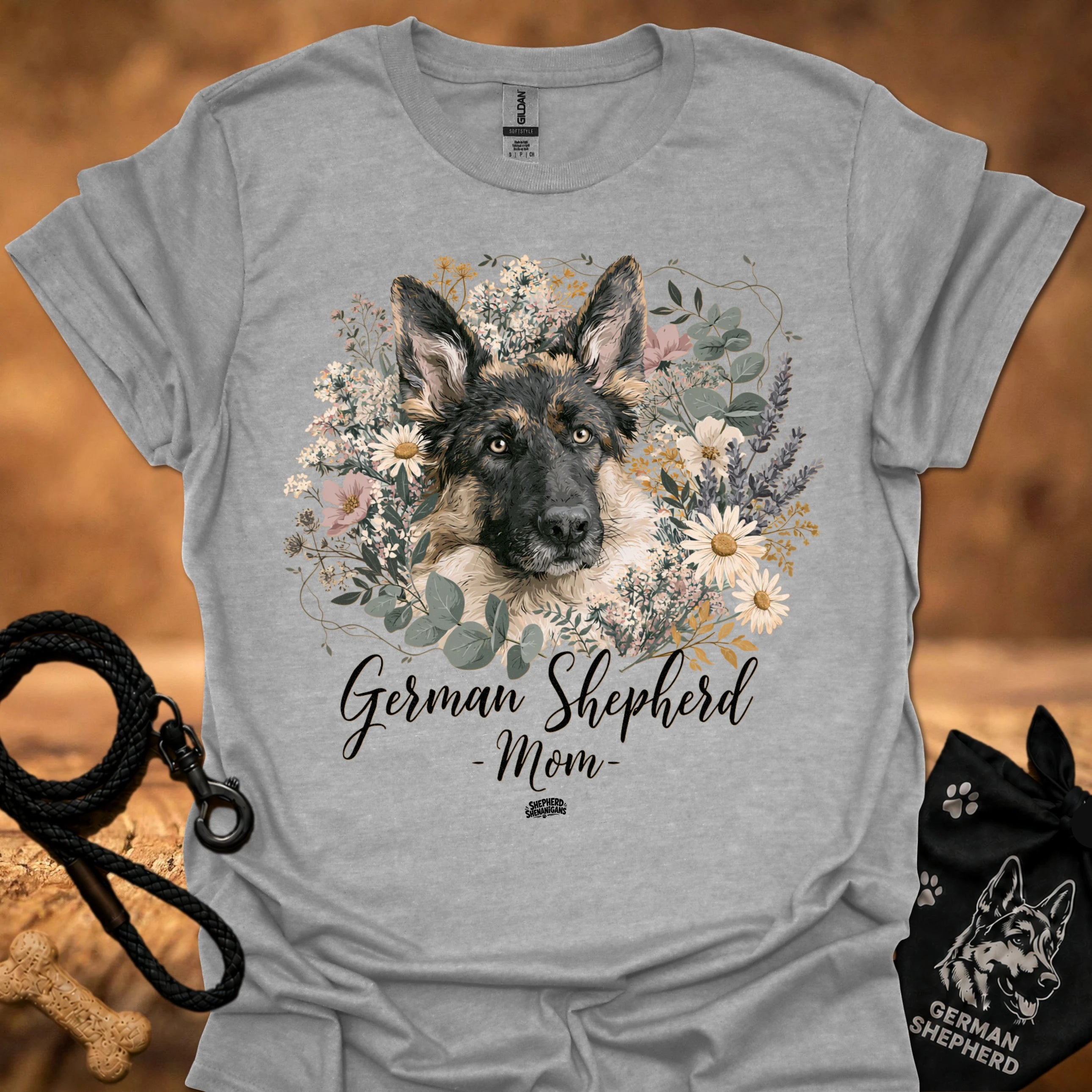 German Shepherd floral graphic T-shirt, heather gray; dog portrait with 'Mom' text
