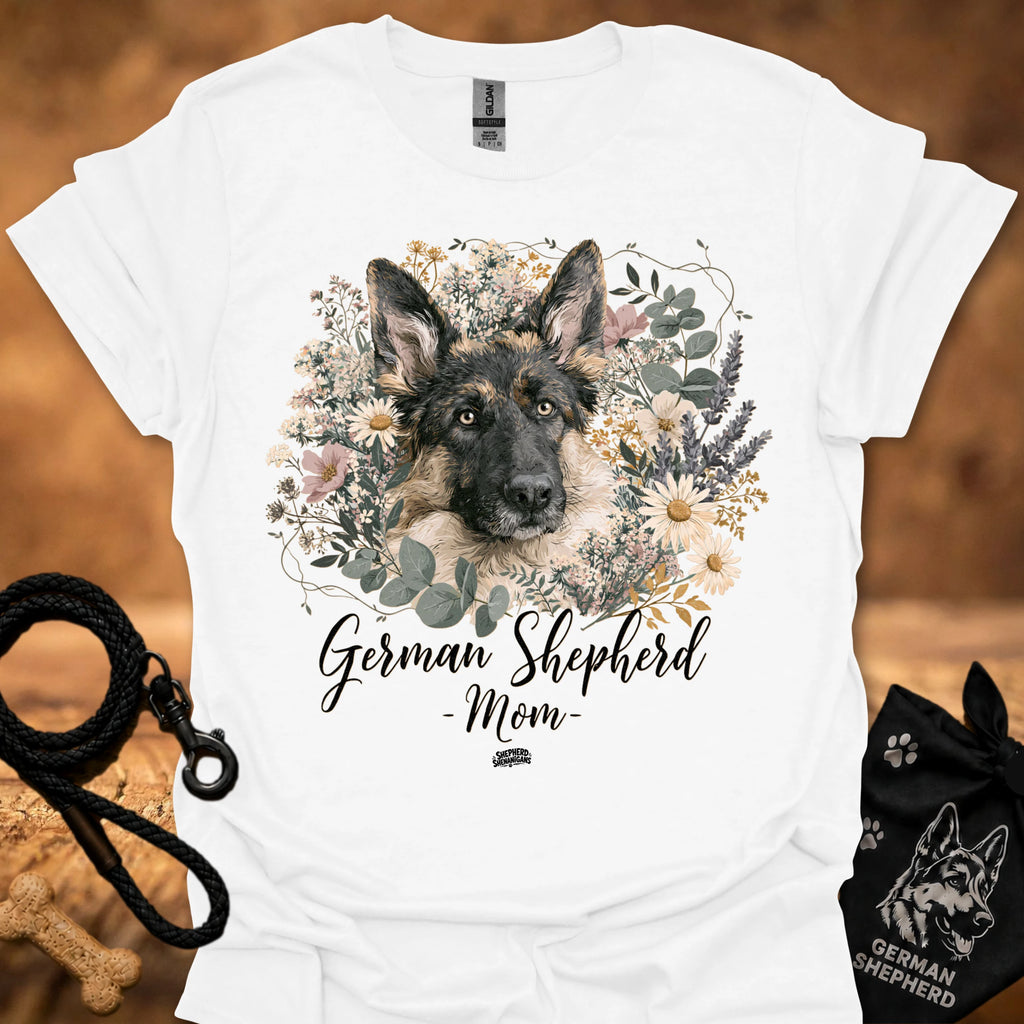 German Shepherd floral graphic T-shirt, white; dog portrait with 'Mom' text