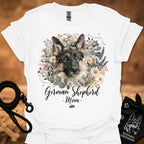 German Shepherd floral graphic T-shirt, white; dog portrait with 'Mom' text