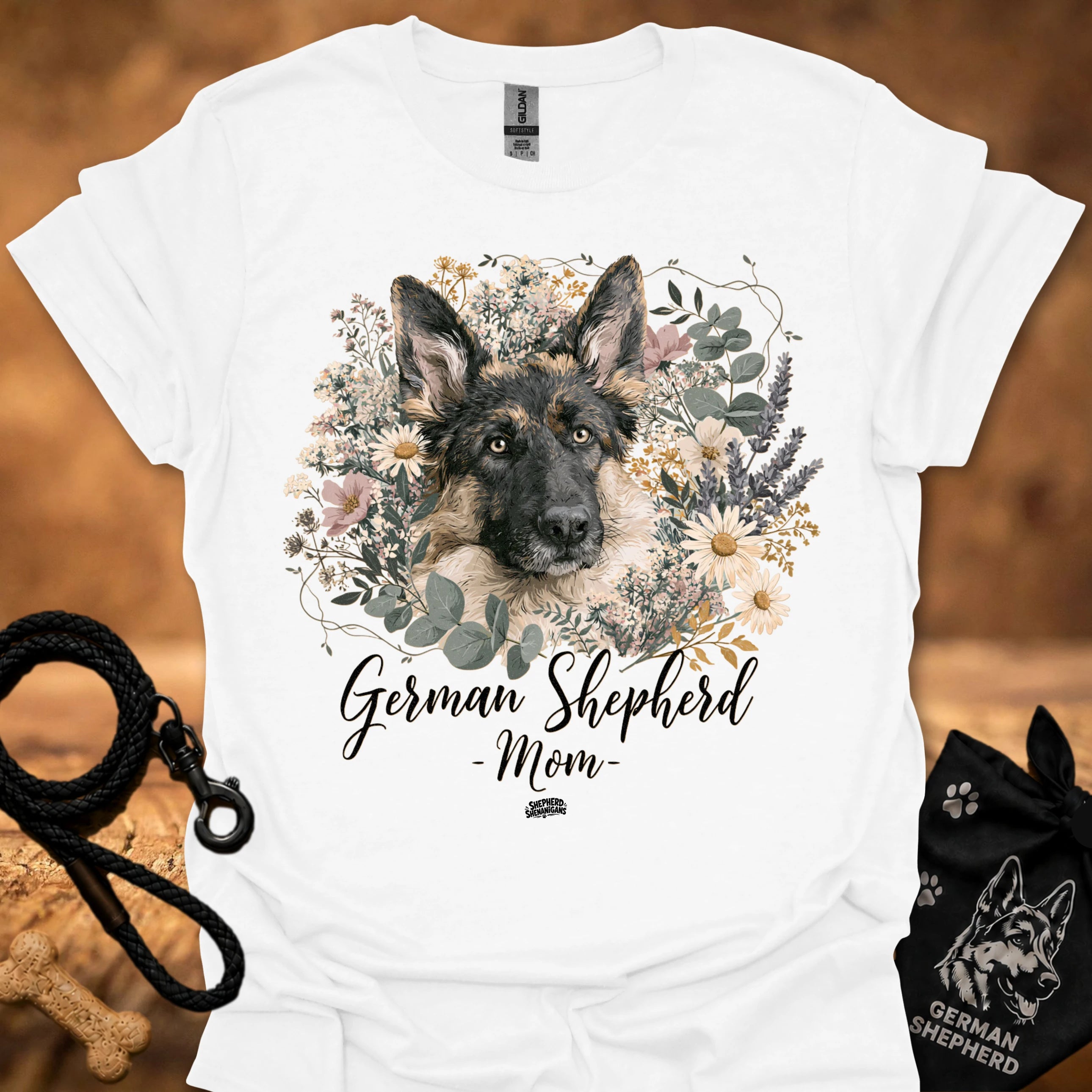 German Shepherd floral graphic T-shirt, white; dog portrait with 'Mom' text
