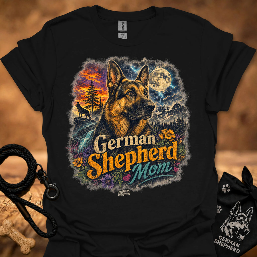 Black T-shirt with German Shepherd Mom graphic, trees, flowers, and moon