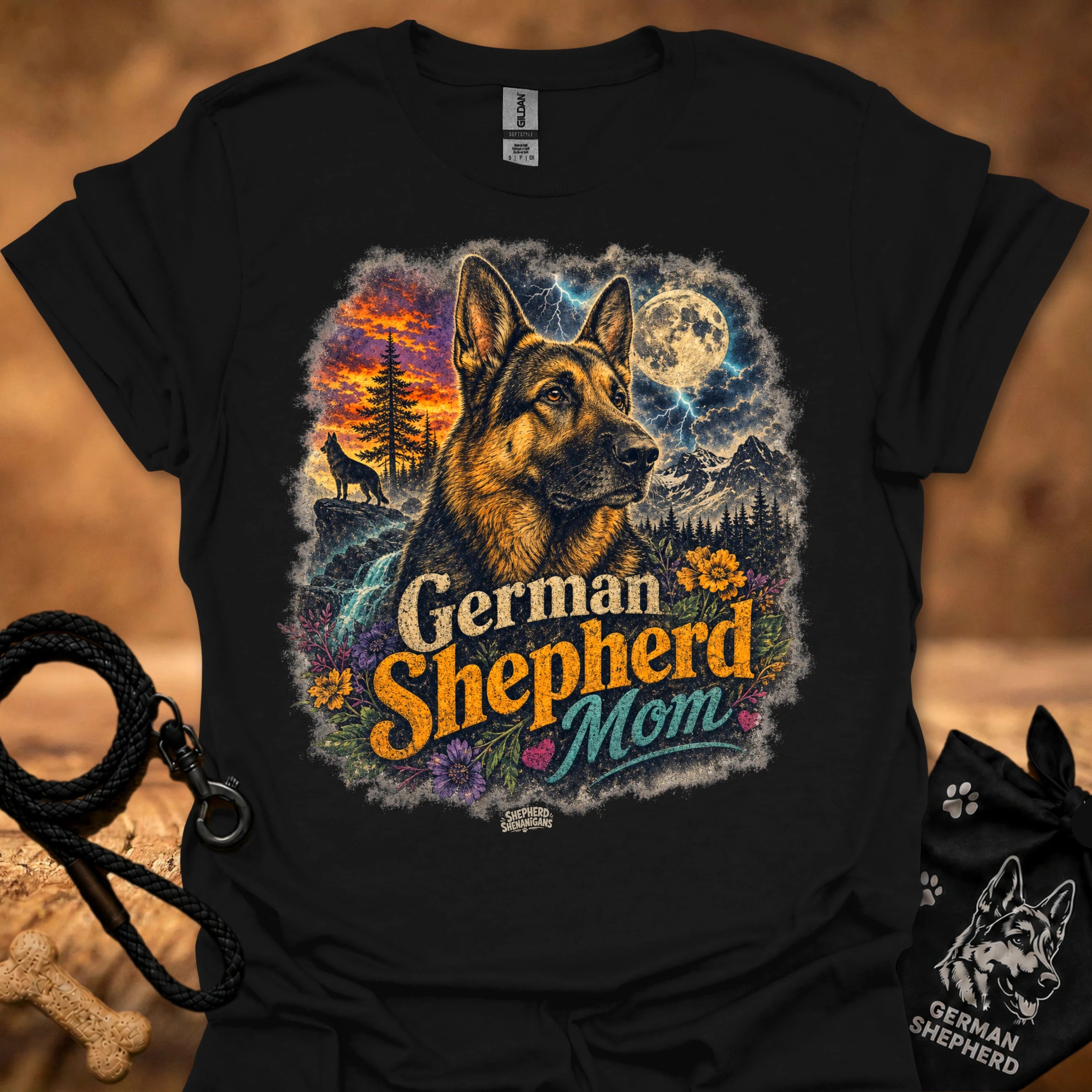 Black T-shirt with German Shepherd Mom graphic, trees, flowers, and moon