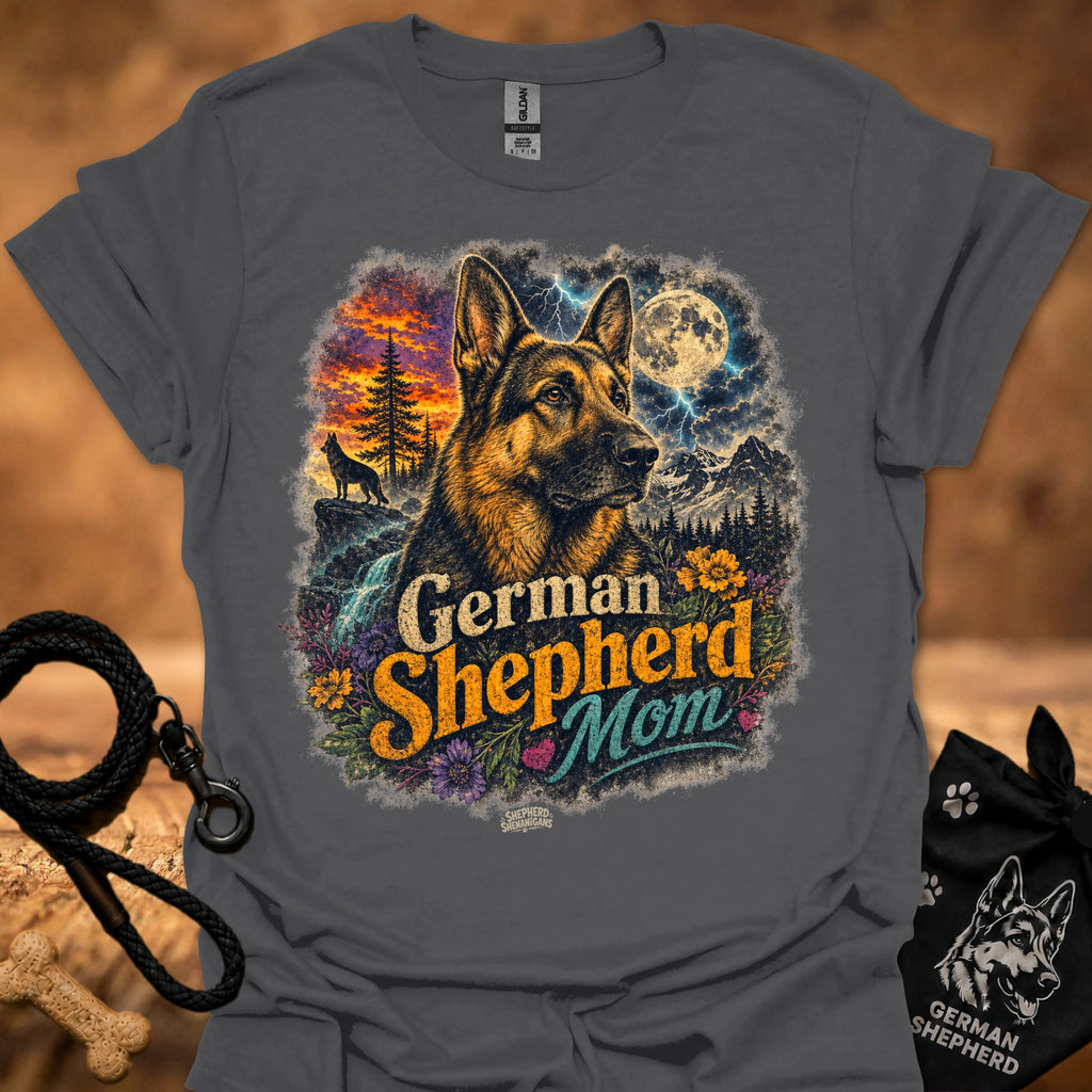 Charcoal T-shirt with German Shepherd Mom graphic, trees and moon